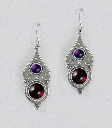 Sterling Silver Gothic Look With Garnet And Amethyst Gemstone Drop Dangle Earrings